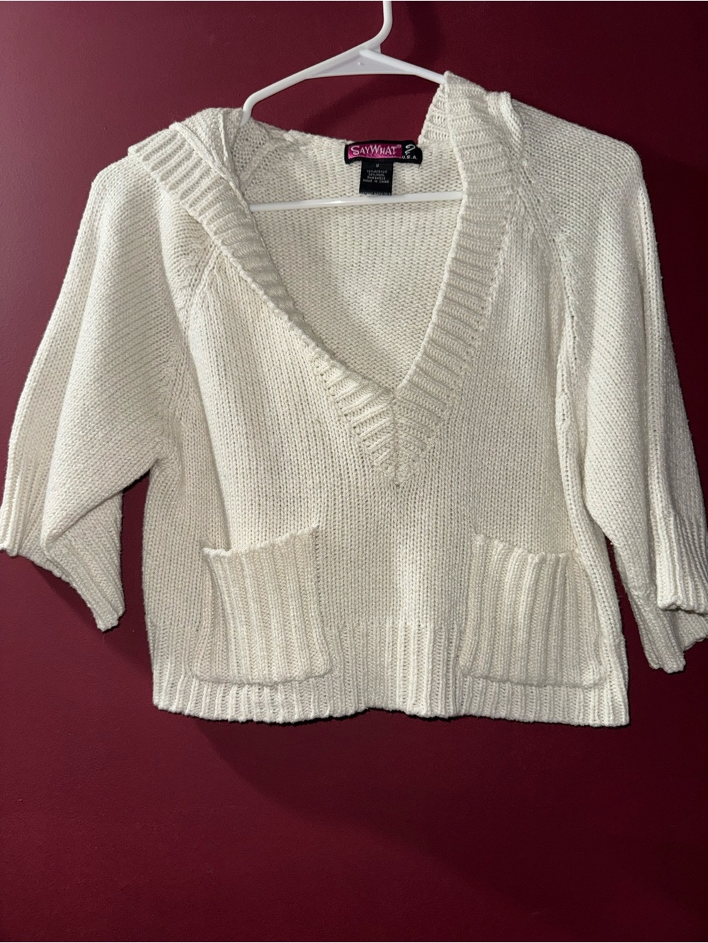Say What? Cream V-Neck Hooded Pocket Sweater